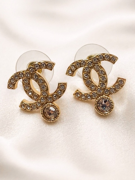 CHANEL Jewelry - CHANEL Gold Crystal CC Logo Stud Earrings Rhinestone Dangle Classic